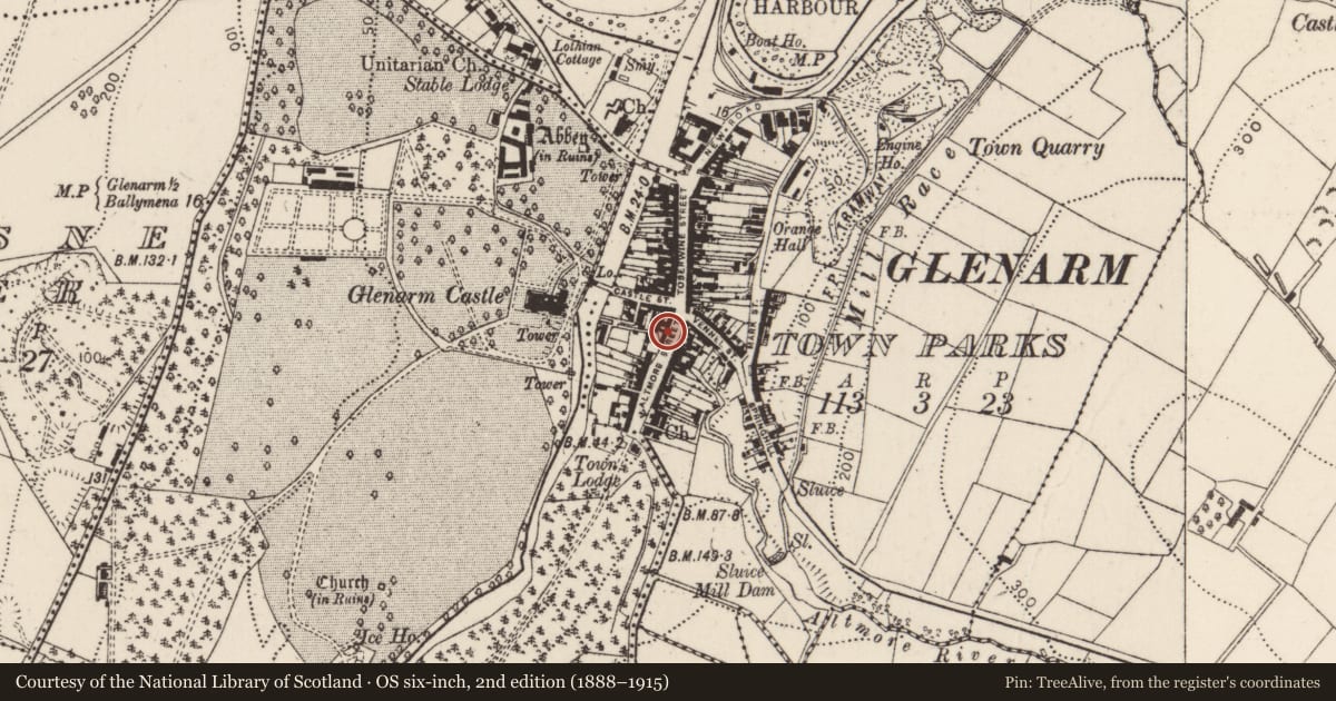 Ordnance Survey six-inch map, 2nd edition (1888–1915) covering the location of 9-13 Altmore Street, Glenarm Town Parks, Mid and East Antrim, with a pin at the register's coordinates