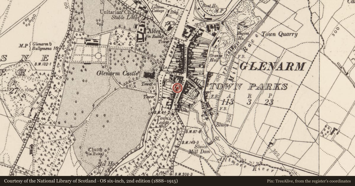 Ordnance Survey six-inch map, 2nd edition (1888–1915) covering the location of 15 Altmore Street, Glenarm Town Parks, Mid and East Antrim, with a pin at the register's coordinates