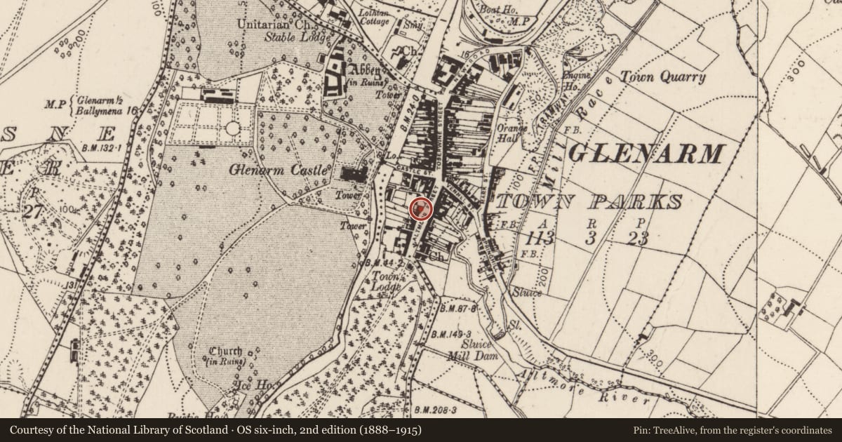 Ordnance Survey six-inch map, 2nd edition (1888–1915) covering the location of 17 Altmore Street, Glenarm Town Parks, Mid and East Antrim, with a pin at the register's coordinates