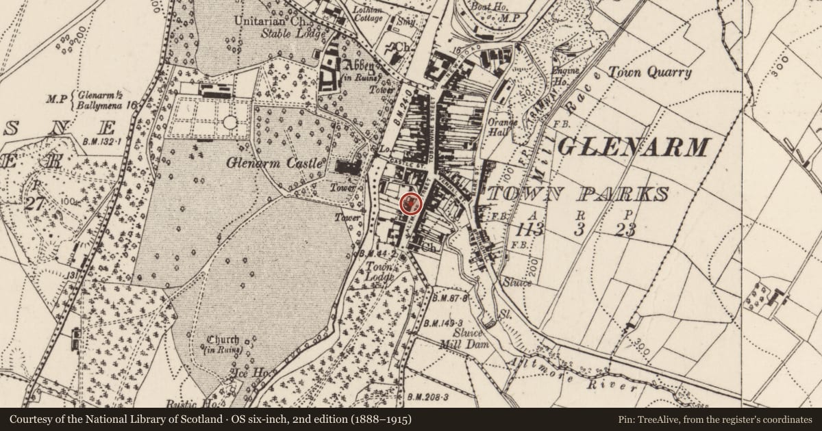 Ordnance Survey six-inch map, 2nd edition (1888–1915) covering the location of 19 Altmore Street, Glenarm Town Parks, Mid and East Antrim, with a pin at the register's coordinates