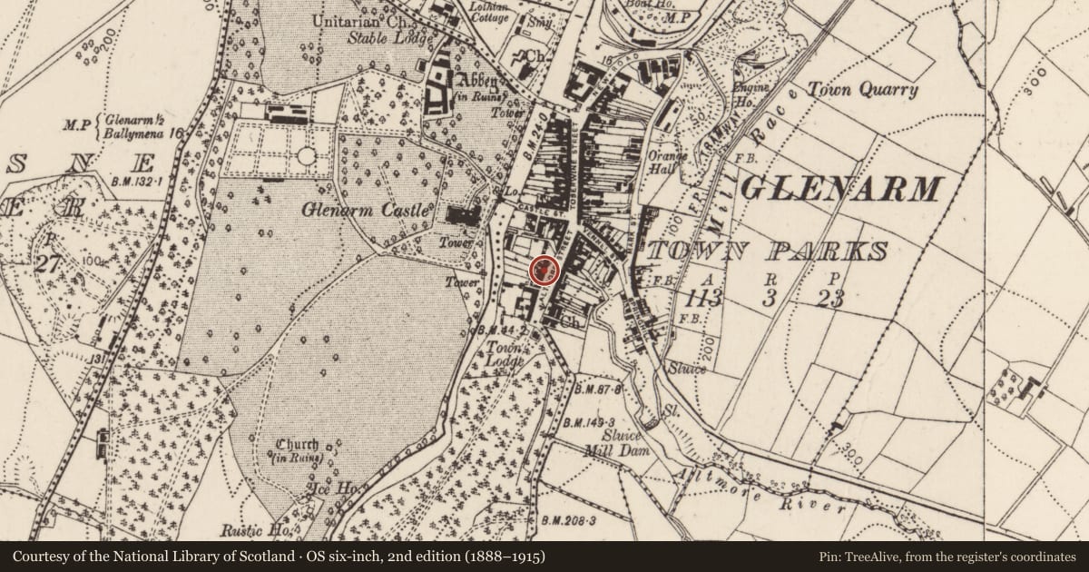 Ordnance Survey six-inch map, 2nd edition (1888–1915) covering the location of 21 Altmore Street, Glenarm Town Parks, Mid and East Antrim, with a pin at the register's coordinates