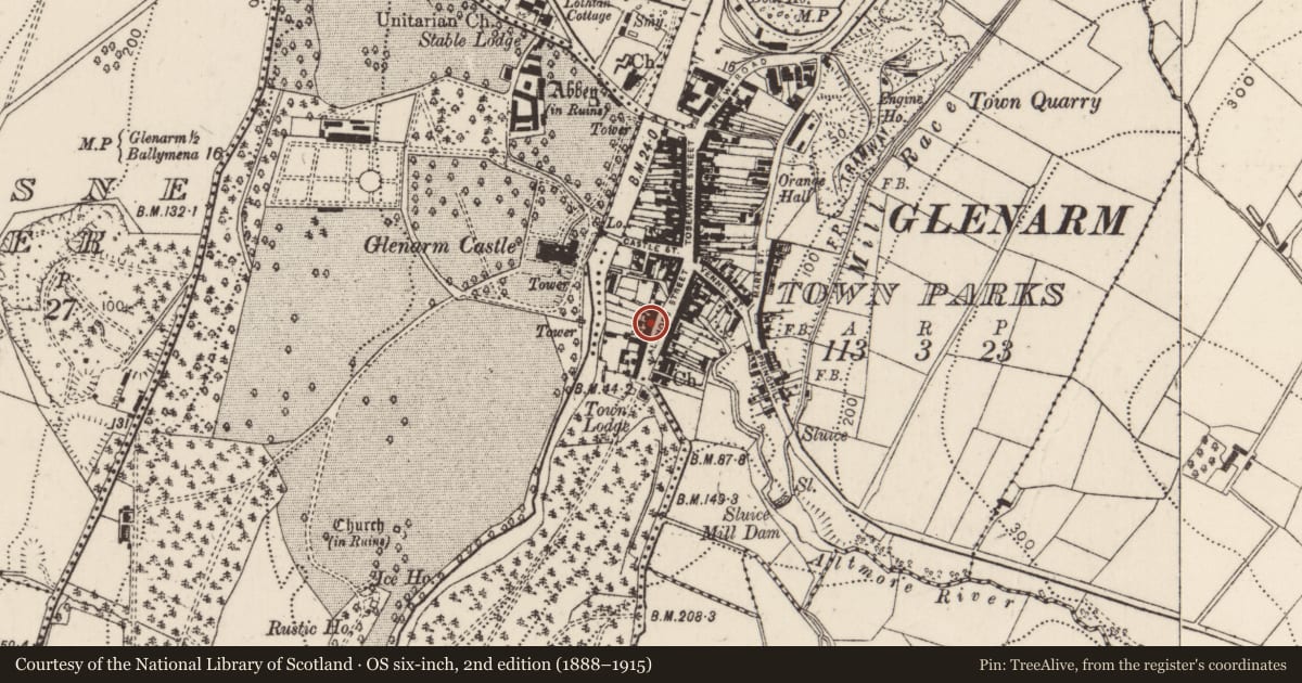 Ordnance Survey six-inch map, 2nd edition (1888–1915) covering the location of 23 Altmore Street, Glenarm Town Parks, Mid and East Antrim, with a pin at the register's coordinates
