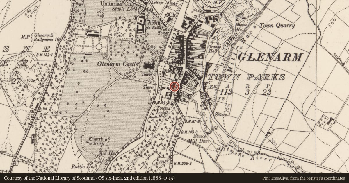 Ordnance Survey six-inch map, 2nd edition (1888–1915) covering the location of 25 Altmore Street, Glenarm Town Parks, Mid and East Antrim, with a pin at the register's coordinates