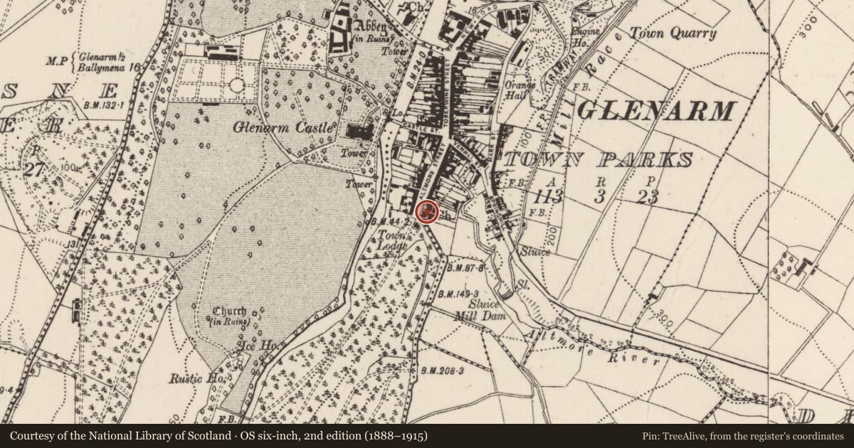 Ordnance Survey six-inch map, 2nd edition (1888–1915) covering the location of 36 Altmore Street, Glenarm Town Parks, Mid and East Antrim, with a pin at the register's coordinates