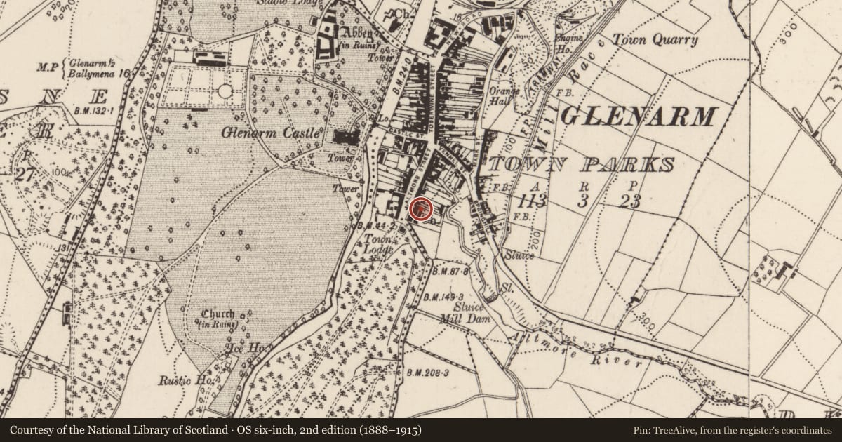 Ordnance Survey six-inch map, 2nd edition (1888–1915) covering the location of Presbyterian Church, Glenarm Town Parks, Mid and East Antrim, with a pin at the register's coordinates