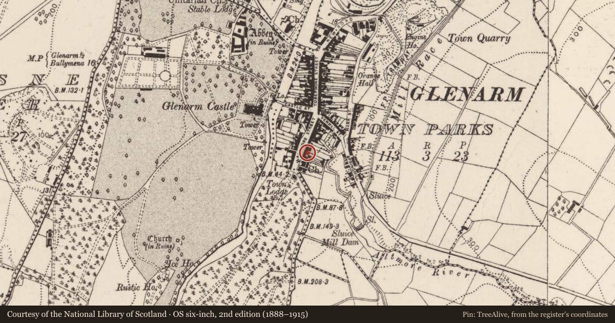 Ordnance Survey six-inch map, 2nd edition (1888–1915) covering the location of 28 Altmore Street, Glenarm Town Parks, Mid and East Antrim, with a pin at the register's coordinates