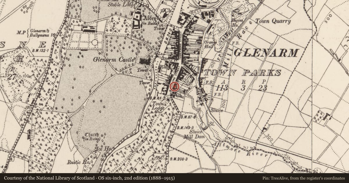 Ordnance Survey six-inch map, 2nd edition (1888–1915) covering the location of 30 Altmore Street, Glenarm Town Parks, Mid and East Antrim, with a pin at the register's coordinates