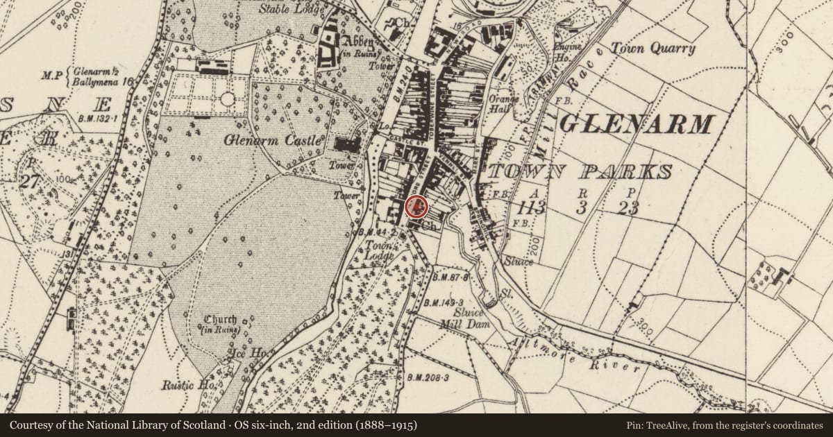Ordnance Survey six-inch map, 2nd edition (1888–1915) covering the location of 32 Altmore Street, Glenarm Town Parks, Mid and East Antrim, with a pin at the register's coordinates