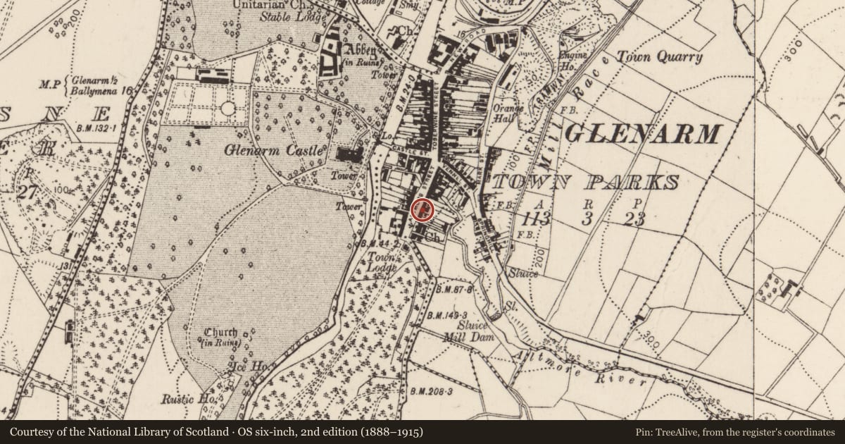Ordnance Survey six-inch map, 2nd edition (1888–1915) covering the location of 26 Altmore Street, Glenarm Town Parks, Mid and East Antrim, with a pin at the register's coordinates