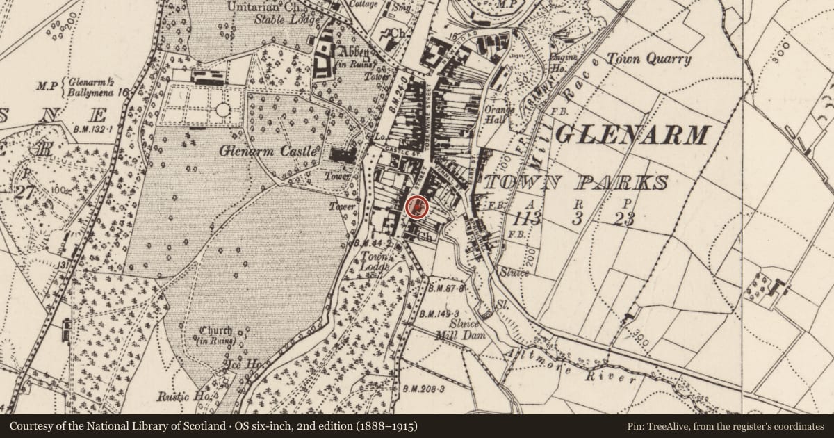 Ordnance Survey six-inch map, 2nd edition (1888–1915) covering the location of 24 Altmore Street, Glenarm Town Parks, Mid and East Antrim, with a pin at the register's coordinates
