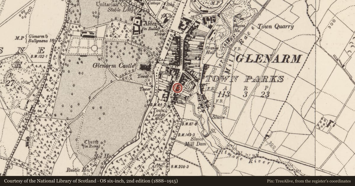 Ordnance Survey six-inch map, 2nd edition (1888–1915) covering the location of 22 Altmore Street, Glenarm Town Parks, Mid and East Antrim, with a pin at the register's coordinates