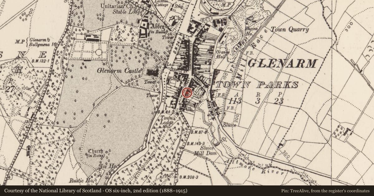 Ordnance Survey six-inch map, 2nd edition (1888–1915) covering the location of 20 Altmore Street, Glenarm Town Parks, Mid and East Antrim, with a pin at the register's coordinates