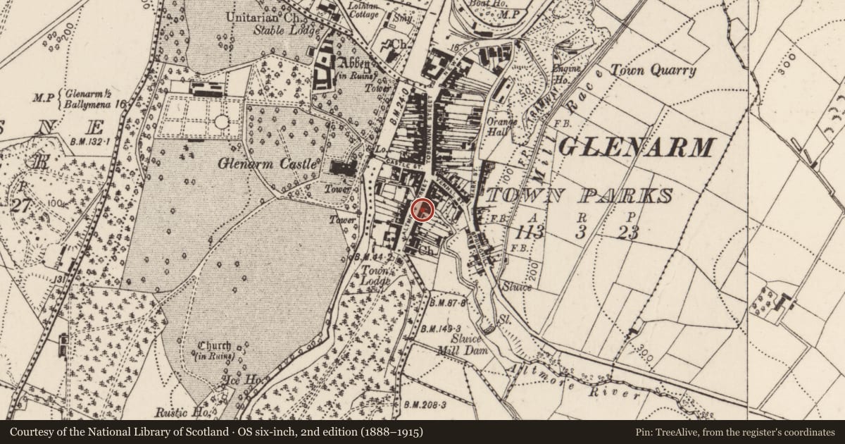 Ordnance Survey six-inch map, 2nd edition (1888–1915) covering the location of 16-18 Altmore Street, Glenarm Town Parks, Mid and East Antrim, with a pin at the register's coordinates