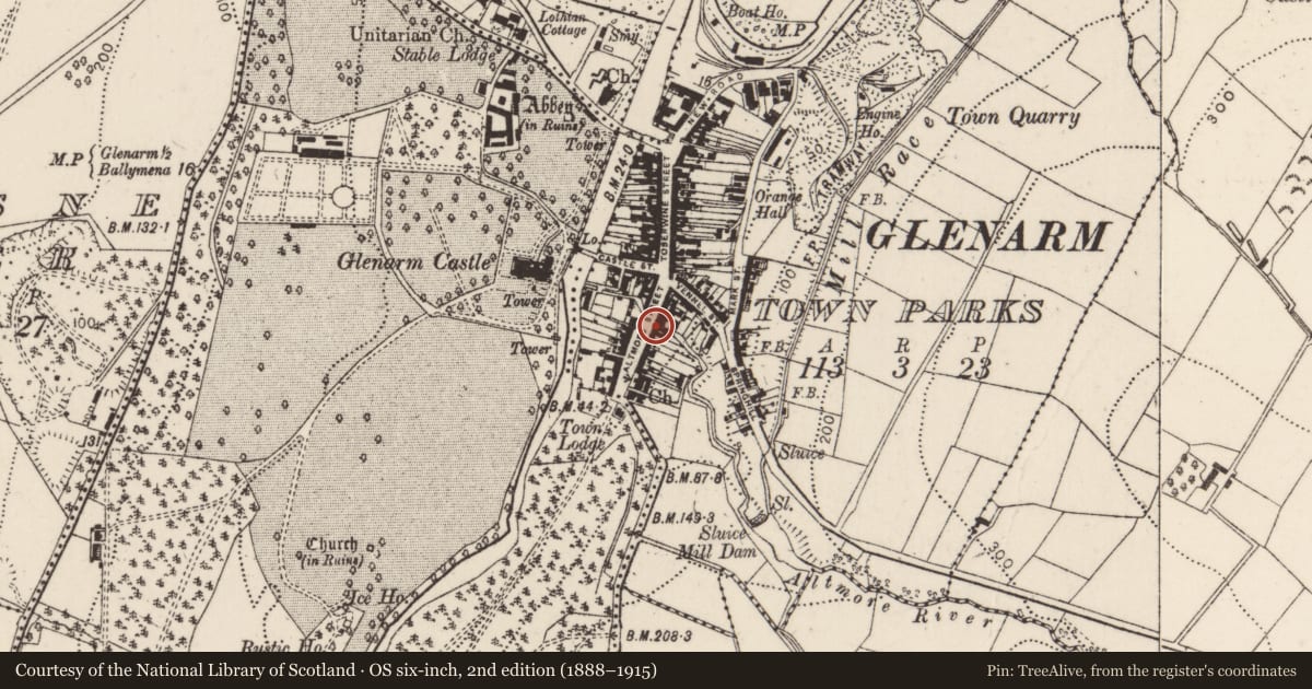 Ordnance Survey six-inch map, 2nd edition (1888–1915) covering the location of 12-14 Altmore Street, Glenarm Town Parks, Mid and East Antrim, with a pin at the register's coordinates