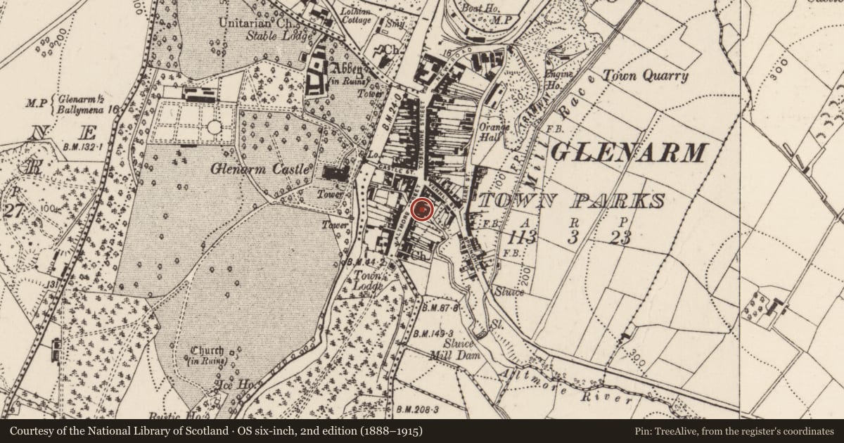 Ordnance Survey six-inch map, 2nd edition (1888–1915) covering the location of 10a Altmore Street, Glenarm Town Parks, Mid and East Antrim, with a pin at the register's coordinates
