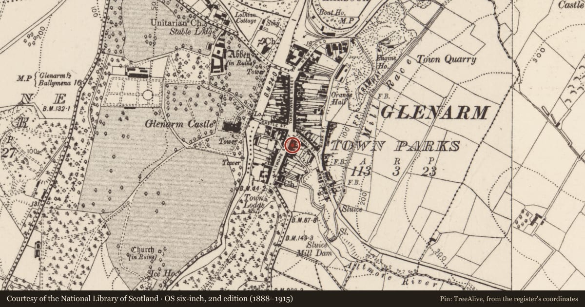 Ordnance Survey six-inch map, 2nd edition (1888–1915) covering the location of 8 Altmore Street, Glenarm Town Parks, Mid and East Antrim, with a pin at the register's coordinates
