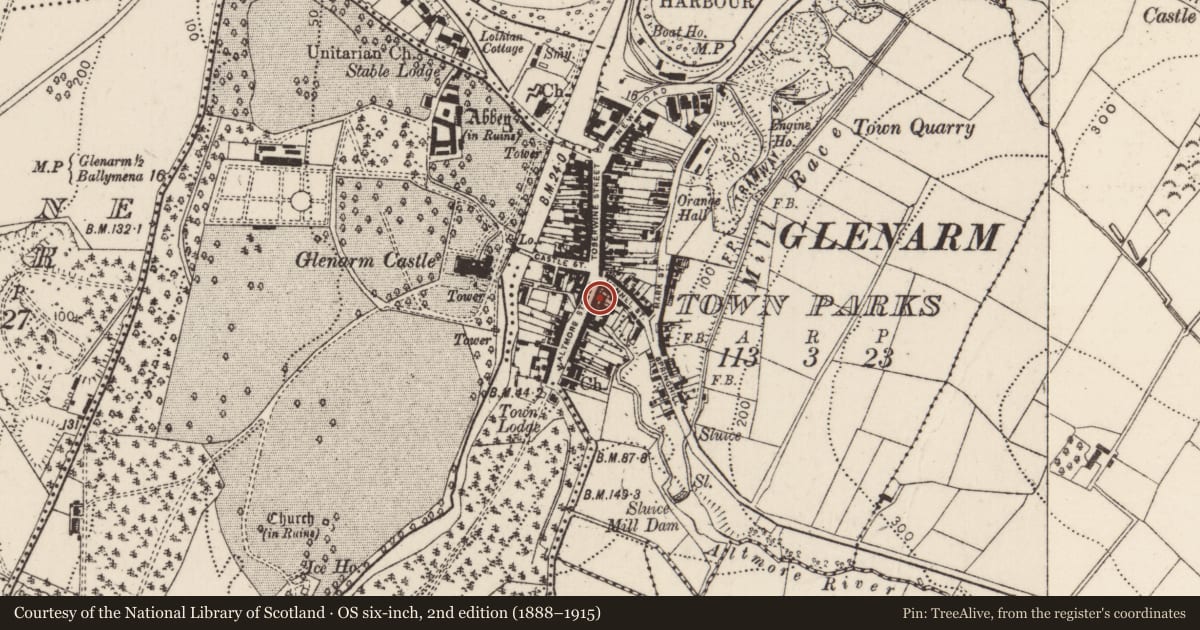 Ordnance Survey six-inch map, 2nd edition (1888–1915) covering the location of 6 Altmore Street, Glenarm Town Parks, Mid and East Antrim, with a pin at the register's coordinates
