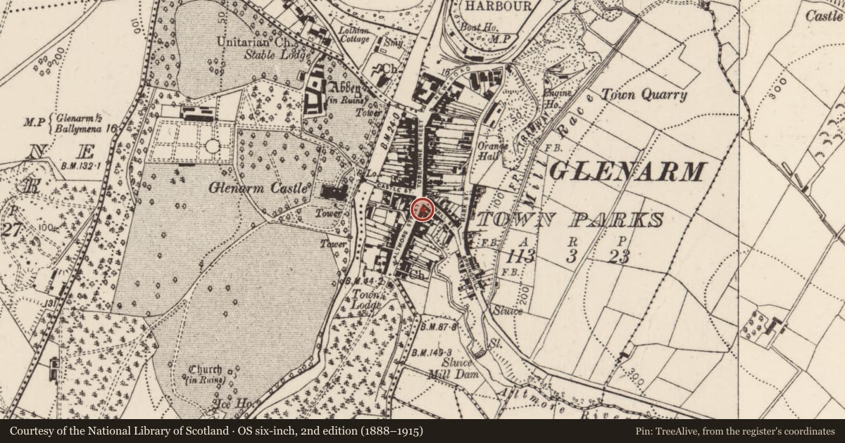 Ordnance Survey six-inch map, 2nd edition (1888–1915) covering the location of 4 Altmore Street, Glenarm Town Parks, Mid and East Antrim, with a pin at the register's coordinates