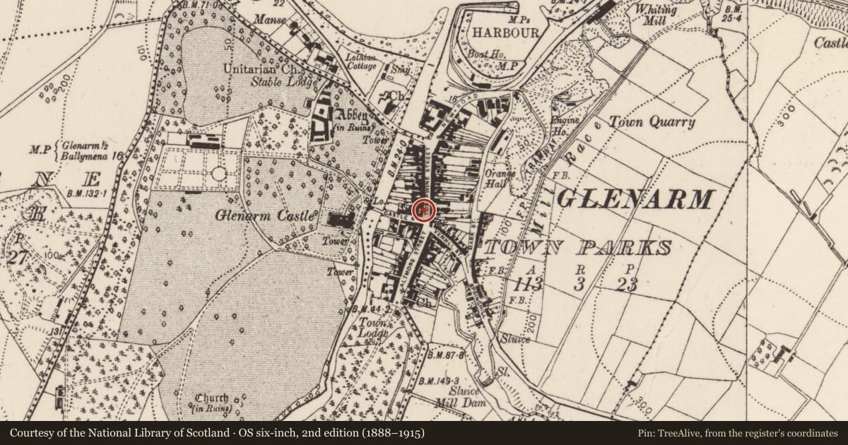 Ordnance Survey six-inch map, 2nd edition (1888–1915) covering the location of Former court house (now Glenarm Baptist Church), Glenarm Town Parks, Mid and East Antrim, with a pin at the register's coordinates