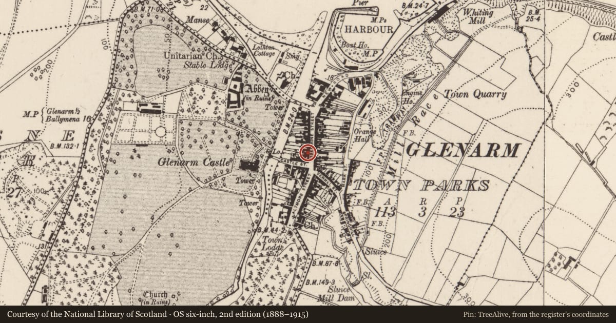 Ordnance Survey six-inch map, 2nd edition (1888–1915) covering the location of 39-41 Toberwine Street, Glenarm Town Parks, Mid and East Antrim, with a pin at the register's coordinates