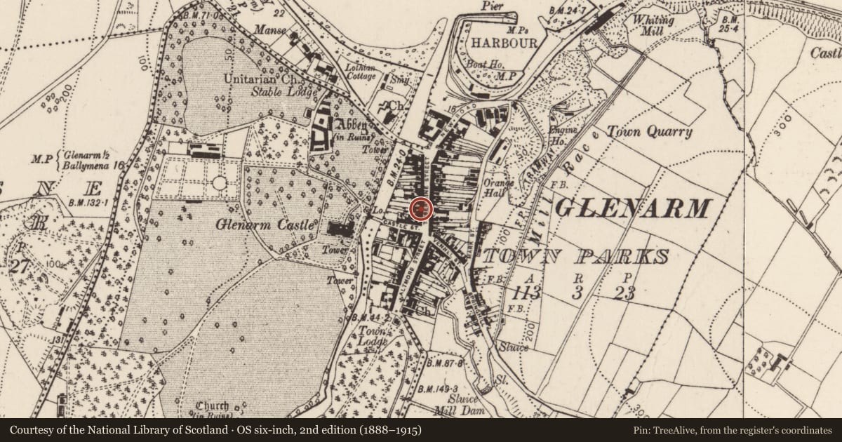 Ordnance Survey six-inch map, 2nd edition (1888–1915) covering the location of 35-37 Toberwine Street, Glenarm Town Parks, Mid and East Antrim, with a pin at the register's coordinates