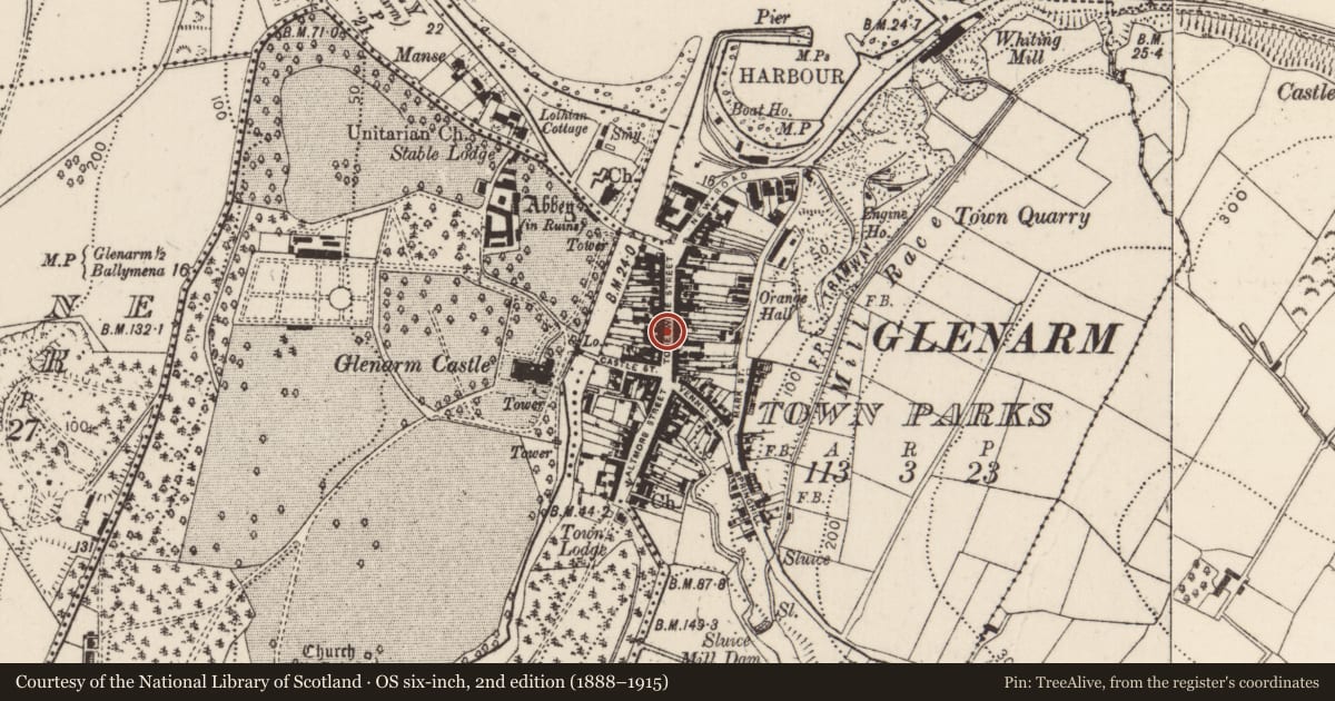 Ordnance Survey six-inch map, 2nd edition (1888–1915) covering the location of 33 Toberwine Street, Glenarm Town Parks, Mid and East Antrim, with a pin at the register's coordinates