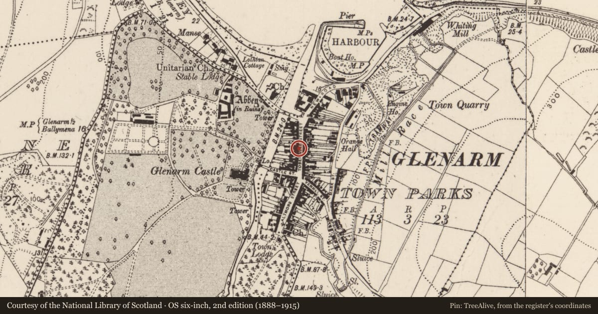 Ordnance Survey six-inch map, 2nd edition (1888–1915) covering the location of 27 Toberwine Street, Glenarm Town Parks, Mid and East Antrim, with a pin at the register's coordinates
