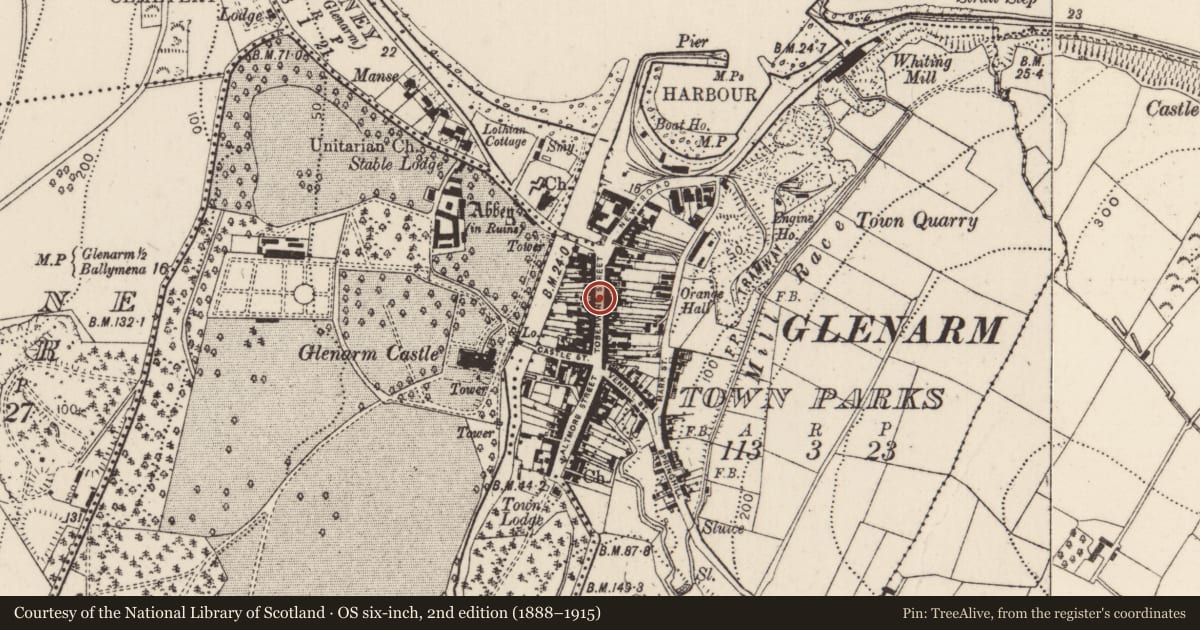 Ordnance Survey six-inch map, 2nd edition (1888–1915) covering the location of 25 Toberwine Street, Glenarm Town Parks, Mid and East Antrim, with a pin at the register's coordinates