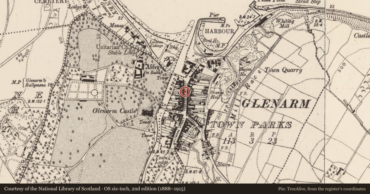 Ordnance Survey six-inch map, 2nd edition (1888–1915) covering the location of 21-23 Toberwine Street, Glenarm Town Parks, Mid and East Antrim, with a pin at the register's coordinates