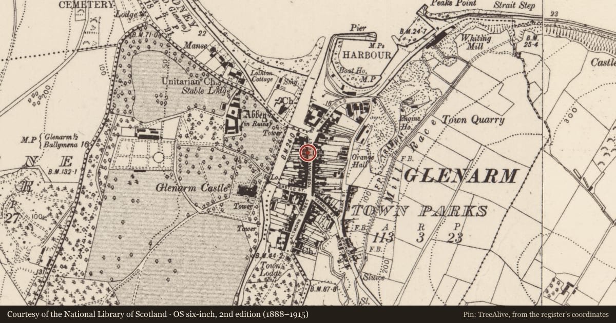 Ordnance Survey six-inch map, 2nd edition (1888–1915) covering the location of 19 Toberwine Street, Glenarm Town Parks, Mid and East Antrim, with a pin at the register's coordinates