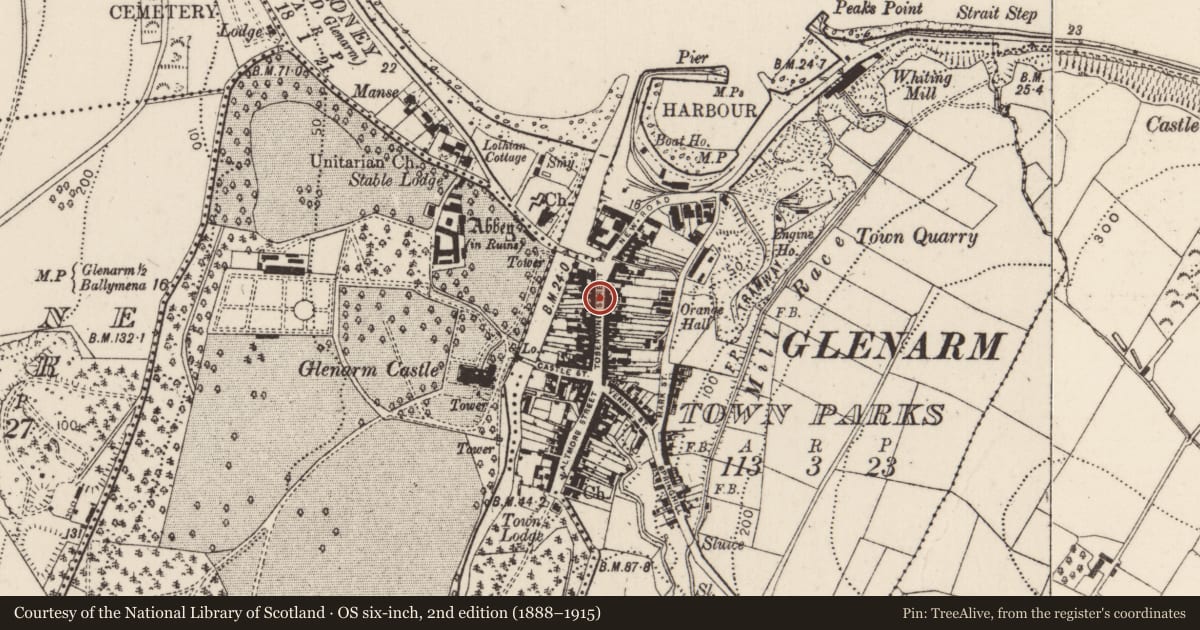 Ordnance Survey six-inch map, 2nd edition (1888–1915) covering the location of 17 Toberwine Street, Glenarm Town Parks, Mid and East Antrim, with a pin at the register's coordinates