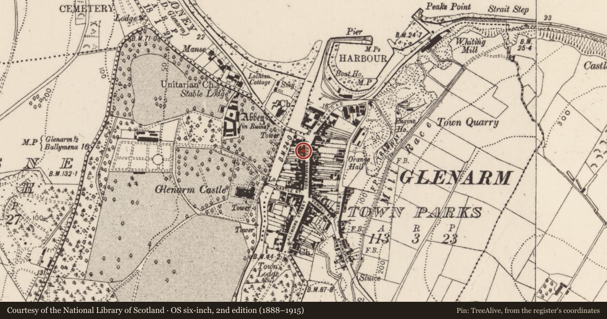 Ordnance Survey six-inch map, 2nd edition (1888–1915) covering the location of 13-15 Toberwine Street, Glenarm Town Parks, Mid and East Antrim, with a pin at the register's coordinates