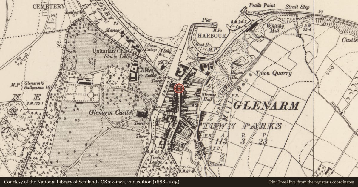 Ordnance Survey six-inch map, 2nd edition (1888–1915) covering the location of 9-11 Toberwine Street, Glenarm Town Parks, Mid and East Antrim, with a pin at the register's coordinates