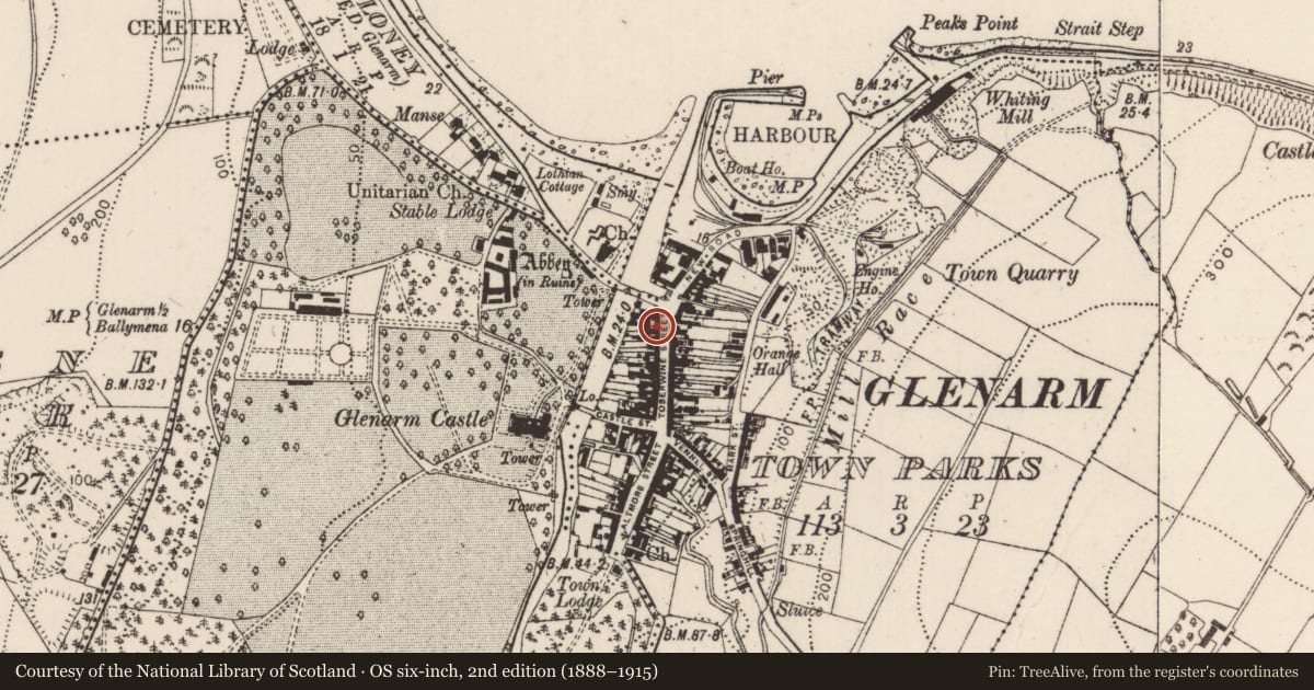 Ordnance Survey six-inch map, 2nd edition (1888–1915) covering the location of 5-7 Toberwine Street, Glenarm Town Parks, Mid and East Antrim, with a pin at the register's coordinates
