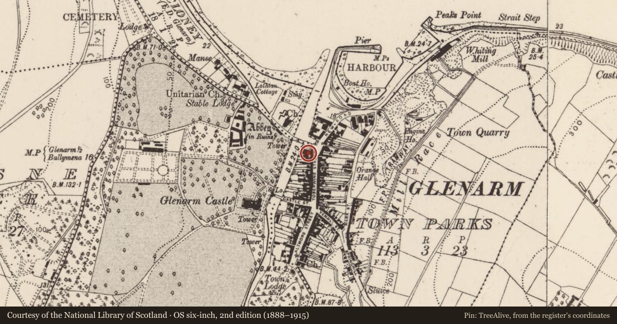 Ordnance Survey six-inch map, 2nd edition (1888–1915) covering the location of 'The Coast Road Inn' public house, Glenarm Town Parks, Mid and East Antrim, with a pin at the register's coordinates