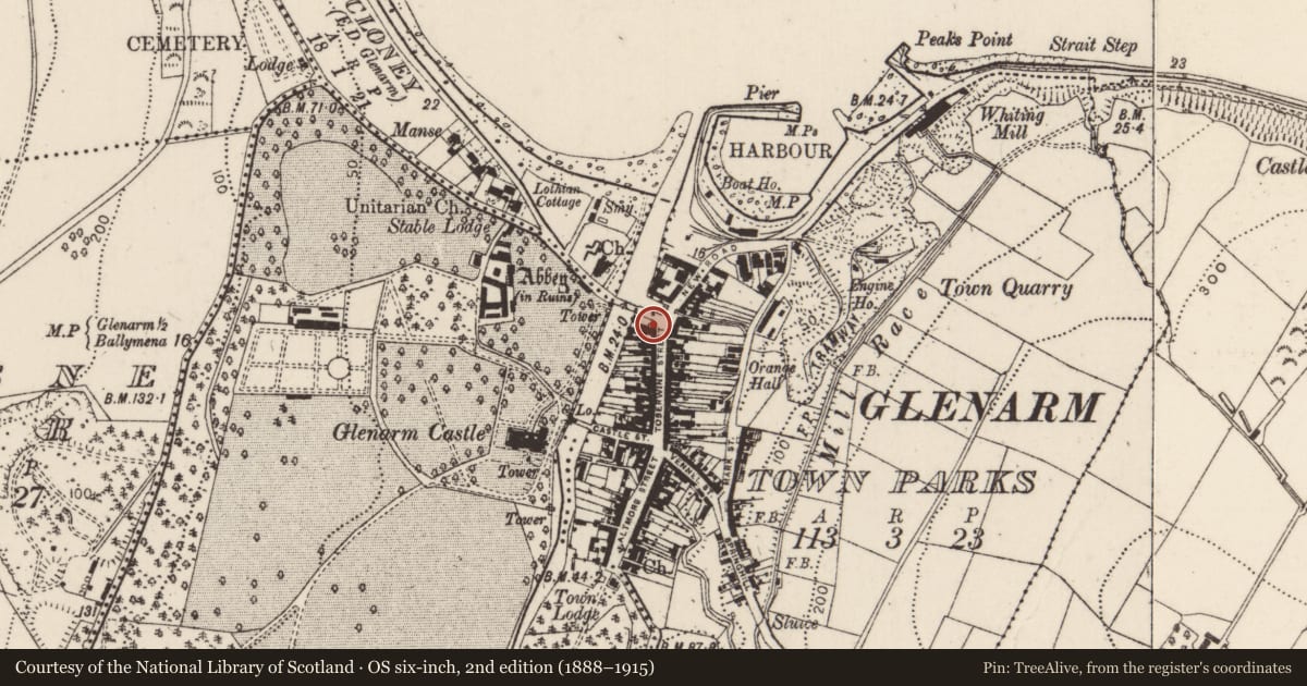 Ordnance Survey six-inch map, 2nd edition (1888–1915) covering the location of 'The Bridge End Tavern' public house, Glenarm Town Parks, Mid and East Antrim, with a pin at the register's coordinates