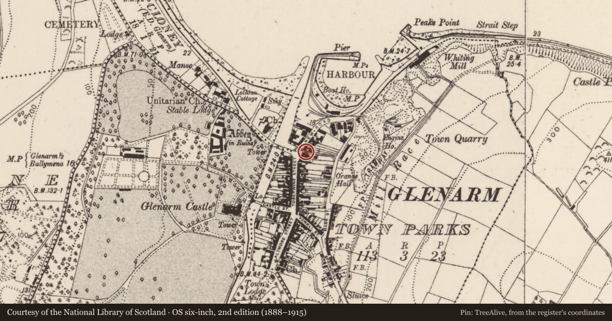 Ordnance Survey six-inch map, 2nd edition (1888–1915) covering the location of Masonic Hall and Walling, Glenarm Town Parks, Mid and East Antrim, with a pin at the register's coordinates