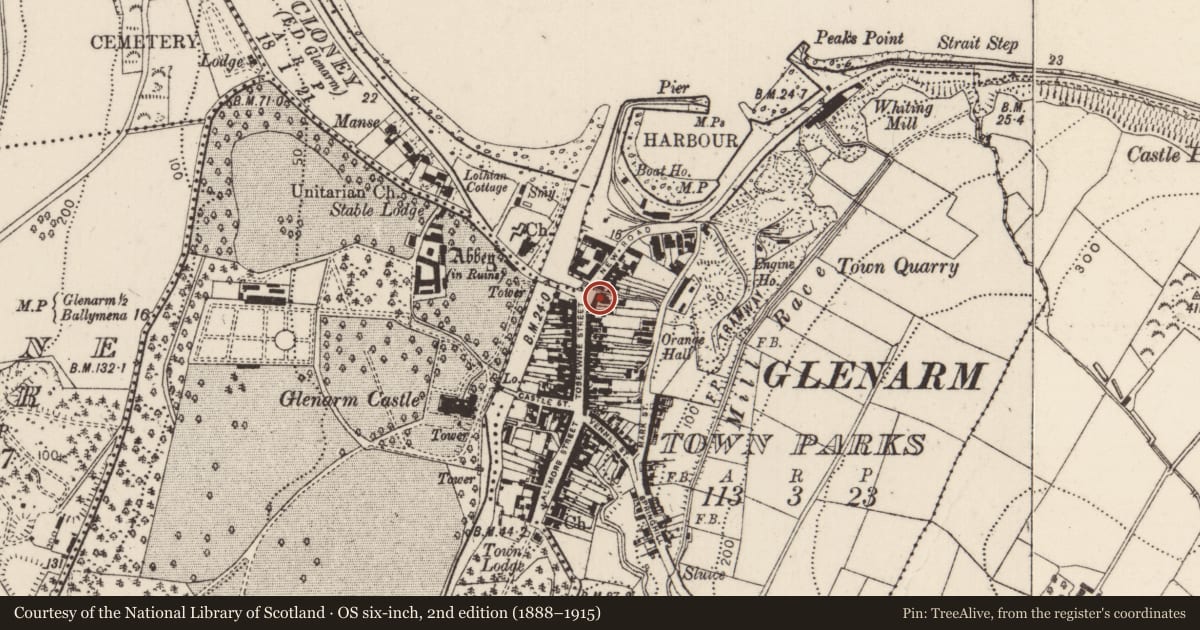 Ordnance Survey six-inch map, 2nd edition (1888–1915) covering the location of 4-8 Toberwine Street, Glenarm Town Parks, Mid and East Antrim, with a pin at the register's coordinates