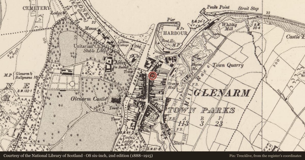 Ordnance Survey six-inch map, 2nd edition (1888–1915) covering the location of 10-12 Toberwine Street, Glenarm Town Parks, Mid and East Antrim, with a pin at the register's coordinates