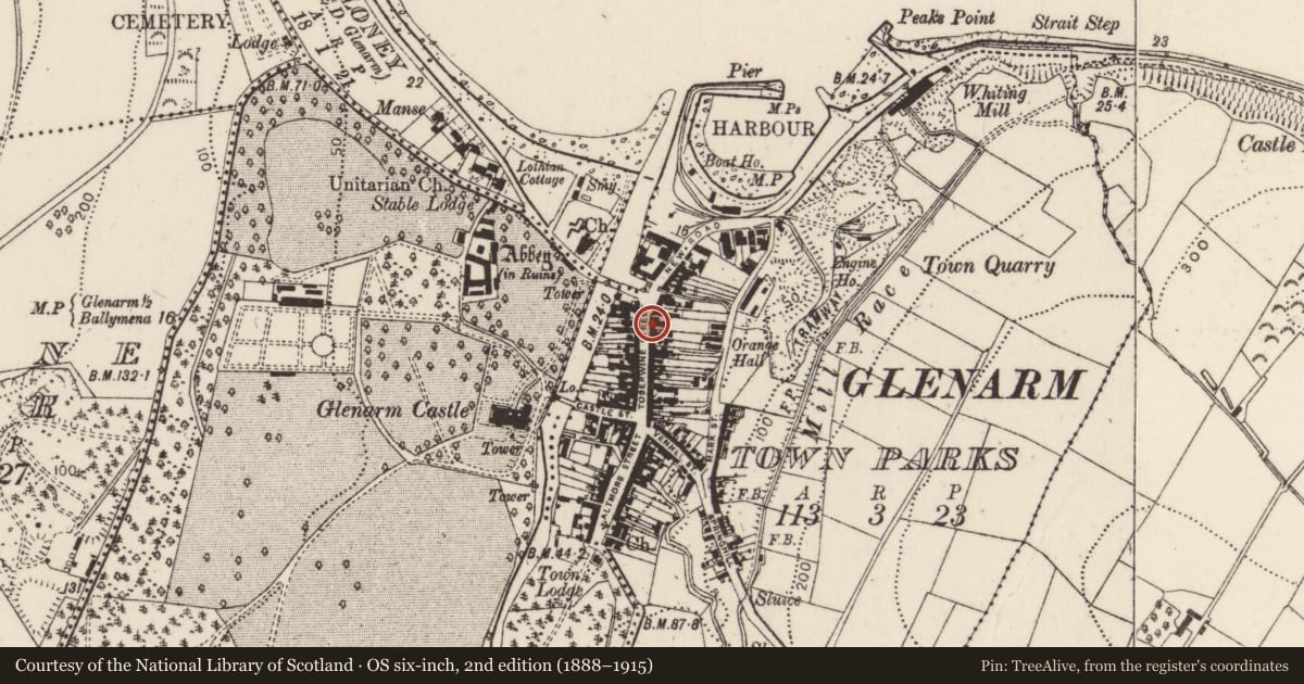 Ordnance Survey six-inch map, 2nd edition (1888–1915) covering the location of 14-18 Toberwine Street, Glenarm Town Parks, Mid and East Antrim, with a pin at the register's coordinates
