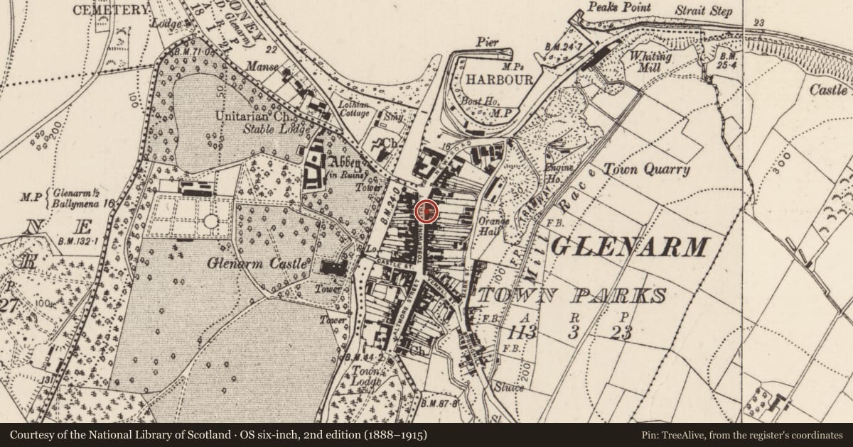 Ordnance Survey six-inch map, 2nd edition (1888–1915) covering the location of 20 Toberwine Street, Glenarm Town Parks, Mid and East Antrim, with a pin at the register's coordinates