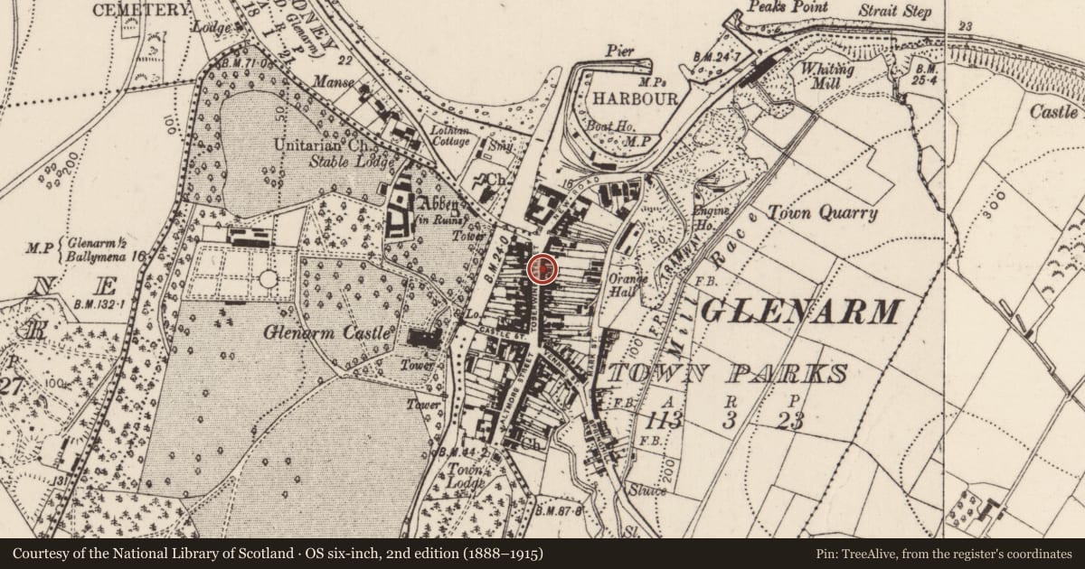 Ordnance Survey six-inch map, 2nd edition (1888–1915) covering the location of 22 Toberwine Street, Glenarm Town Parks, Mid and East Antrim, with a pin at the register's coordinates