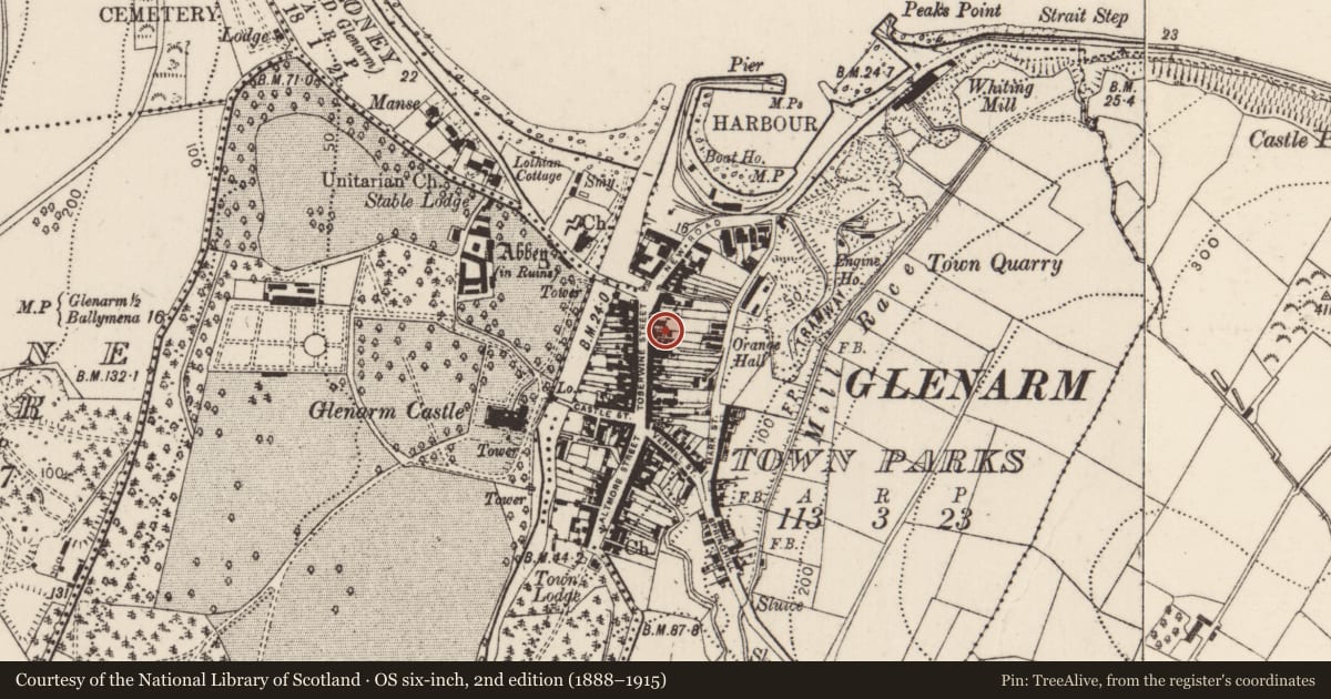 Ordnance Survey six-inch map, 2nd edition (1888–1915) covering the location of 26 Toberwine Street, Glenarm Town Parks, Mid and East Antrim, with a pin at the register's coordinates