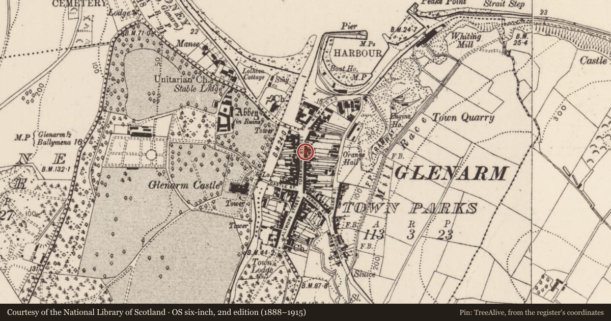 Ordnance Survey six-inch map, 2nd edition (1888–1915) covering the location of 28-30 Toberwine Street, Glenarm Town Parks, Mid and East Antrim, with a pin at the register's coordinates