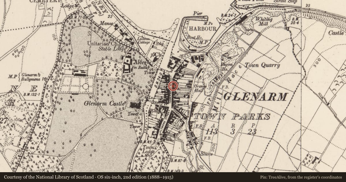 Ordnance Survey six-inch map, 2nd edition (1888–1915) covering the location of 32-34 Toberwine Street, Glenarm Town Parks, Mid and East Antrim, with a pin at the register's coordinates
