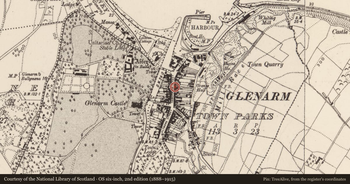 Ordnance Survey six-inch map, 2nd edition (1888–1915) covering the location of 36-38 Toberwine Street, Glenarm Town Parks, Mid and East Antrim, with a pin at the register's coordinates