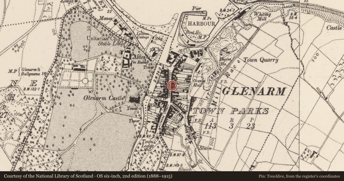 Ordnance Survey six-inch map, 2nd edition (1888–1915) covering the location of 44-46 Toberwine Street, Glenarm Town Parks, Mid and East Antrim, with a pin at the register's coordinates