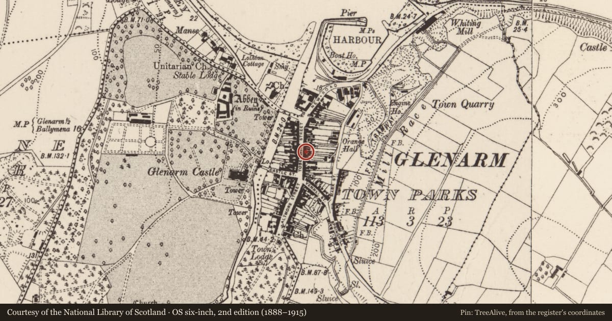 Ordnance Survey six-inch map, 2nd edition (1888–1915) covering the location of 48 Toberwine Street, Glenarm Town Parks, Mid and East Antrim, with a pin at the register's coordinates