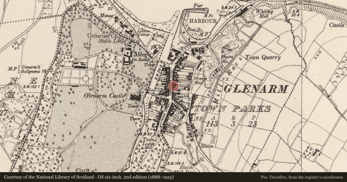 Ordnance Survey six-inch map, 2nd edition (1888–1915) covering the location of 50 Toberwine Street, Glenarm Town Parks, Mid and East Antrim, with a pin at the register's coordinates