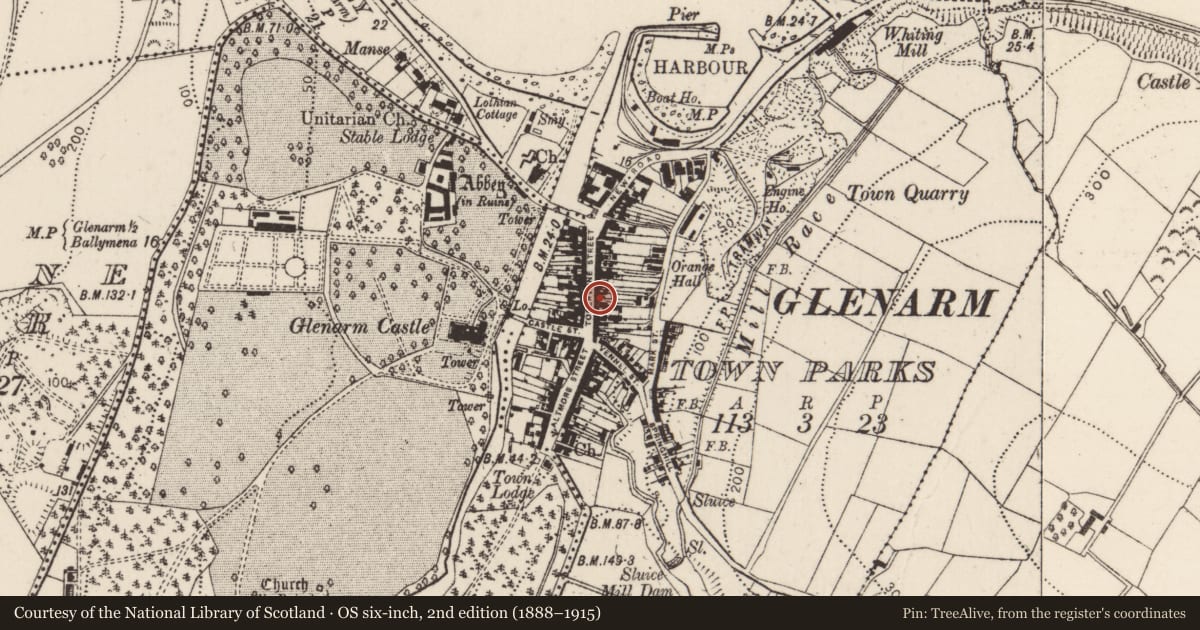 Ordnance Survey six-inch map, 2nd edition (1888–1915) covering the location of 52 Toberwine Street, Glenarm Town Parks, Mid and East Antrim, with a pin at the register's coordinates